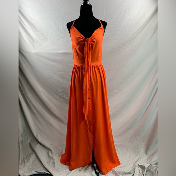 Boho Orange Knot Front Tie Back Maxi Halter Dress - Picture 5 of 6